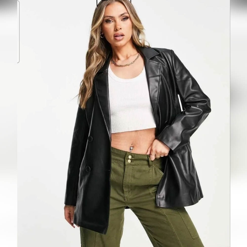 TOPSHOP Faux Leather Double-Breasted Blazer Jacket In Black. Size 6 - Picture 4 of 16